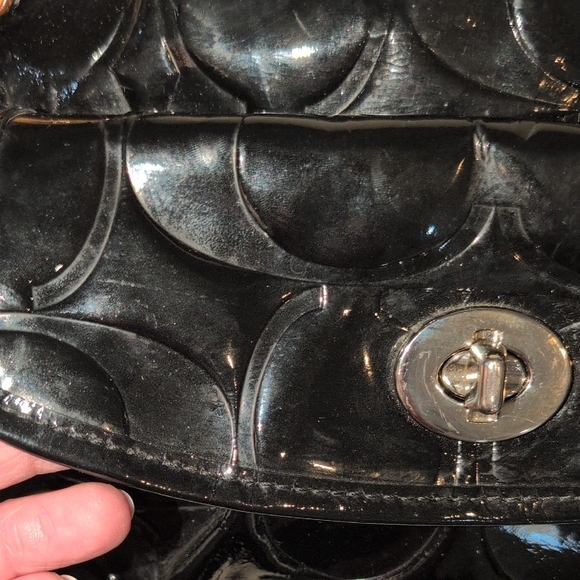 Coach Black Patent Leather Shoulder Bag with Tan Straps - Picture 3 of 16